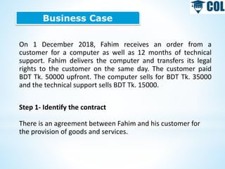 Business Case
On 1 December 2018, Fahim receives an order from a
customer for a computer as well as 12 months of technical
support. Fahim delivers the computer and transfers its legal
rights to the customer on the same day. The customer paid
BDT Tk. 50000 upfront. The computer sells for BDT Tk. 35000
and the technical support sells BDT Tk. 15000.
Step 1- Identify the contract
There is an agreement between Fahim and his customer for
the provision of goods and services.
 