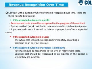 Revenue Recognition Over Time
 Contract with a customer where revenue is recognized over time, there are
three rules to be aware of-
 If the expected outcome is a profit:
- Revenue and costs should be recognized to the progress of the contract.
- Output method ( work certified to date compared to total contract price).
- Input method ( costs incurred to date as a proportion of total expected
costs)
 If the expected outcome is a Loss:
The whole loss should be recognized immediately, recording a
provision as an onerous contract.
 If the expected outcome or progress is unknown:
Revenue should be recognized to the level of recoverable costs.
Contract cost should be recognized as an expense in the period in
which they are incurred.
 