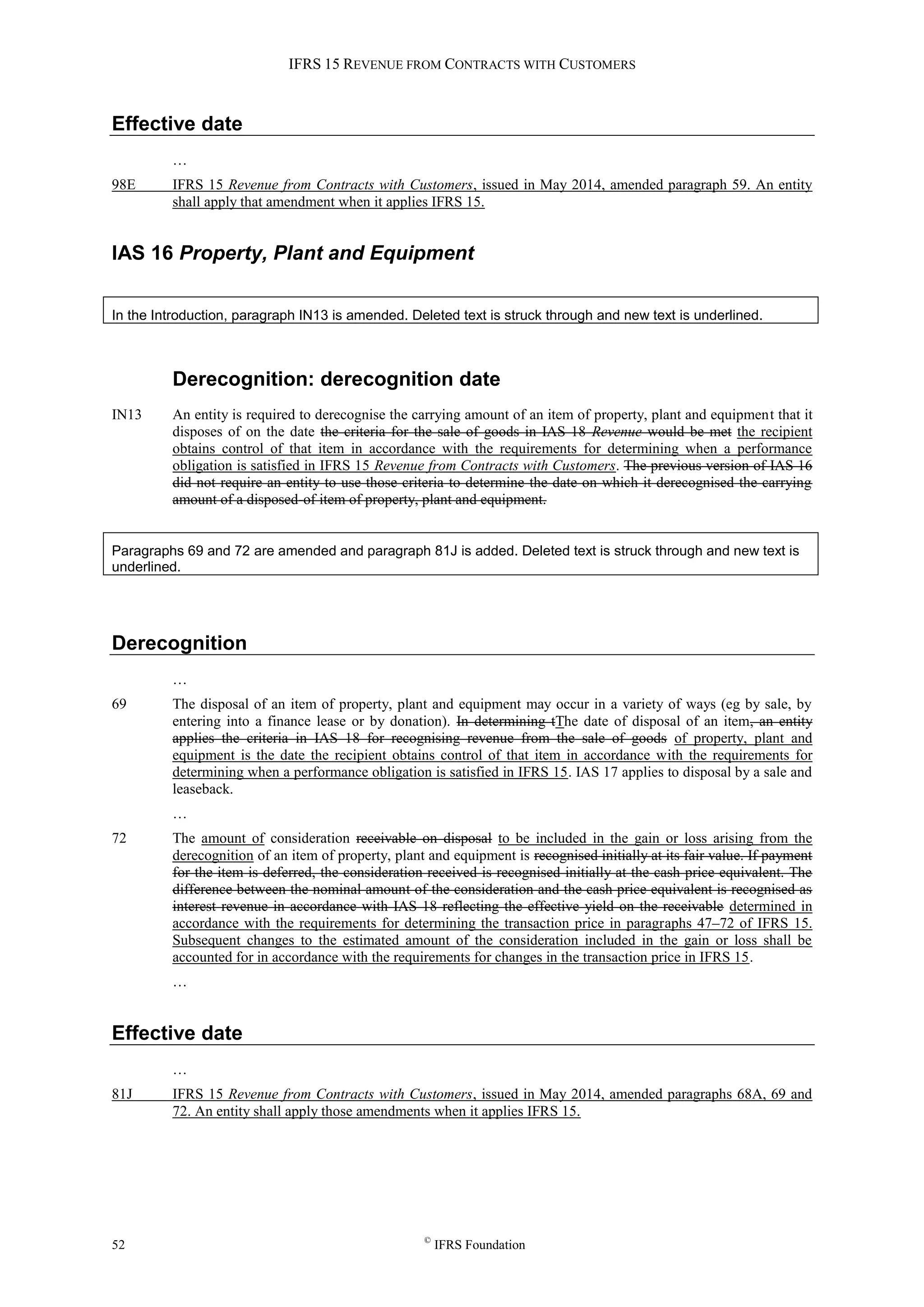 IFRS 15 REVENUE FROM CONTRACTS WITH CUSTOMERS
52 ©
IFRS Foundation
Effective date
…
98E IFRS 15 Revenue from Contracts with Customers, issued in May 2014, amended paragraph 59. An entity
shall apply that amendment when it applies IFRS 15.
IAS 16 Property, Plant and Equipment
In the Introduction, paragraph IN13 is amended. Deleted text is struck through and new text is underlined.
Derecognition: derecognition date
IN13 An entity is required to derecognise the carrying amount of an item of property, plant and equipment that it
disposes of on the date the criteria for the sale of goods in IAS 18 Revenue would be met the recipient
obtains control of that item in accordance with the requirements for determining when a performance
obligation is satisfied in IFRS 15 Revenue from Contracts with Customers. The previous version of IAS 16
did not require an entity to use those criteria to determine the date on which it derecognised the carrying
amount of a disposed-of item of property, plant and equipment.
Paragraphs 69 and 72 are amended and paragraph 81J is added. Deleted text is struck through and new text is
underlined.
Derecognition
…
69 The disposal of an item of property, plant and equipment may occur in a variety of ways (eg by sale, by
entering into a finance lease or by donation). In determining tThe date of disposal of an item, an entity
applies the criteria in IAS 18 for recognising revenue from the sale of goods of property, plant and
equipment is the date the recipient obtains control of that item in accordance with the requirements for
determining when a performance obligation is satisfied in IFRS 15. IAS 17 applies to disposal by a sale and
leaseback.
…
72 The amount of consideration receivable on disposal to be included in the gain or loss arising from the
derecognition of an item of property, plant and equipment is recognised initially at its fair value. If payment
for the item is deferred, the consideration received is recognised initially at the cash price equivalent. The
difference between the nominal amount of the consideration and the cash price equivalent is recognised as
interest revenue in accordance with IAS 18 reflecting the effective yield on the receivable determined in
accordance with the requirements for determining the transaction price in paragraphs 47–72 of IFRS 15.
Subsequent changes to the estimated amount of the consideration included in the gain or loss shall be
accounted for in accordance with the requirements for changes in the transaction price in IFRS 15.
…
Effective date
…
81J IFRS 15 Revenue from Contracts with Customers, issued in May 2014, amended paragraphs 68A, 69 and
72. An entity shall apply those amendments when it applies IFRS 15.
 