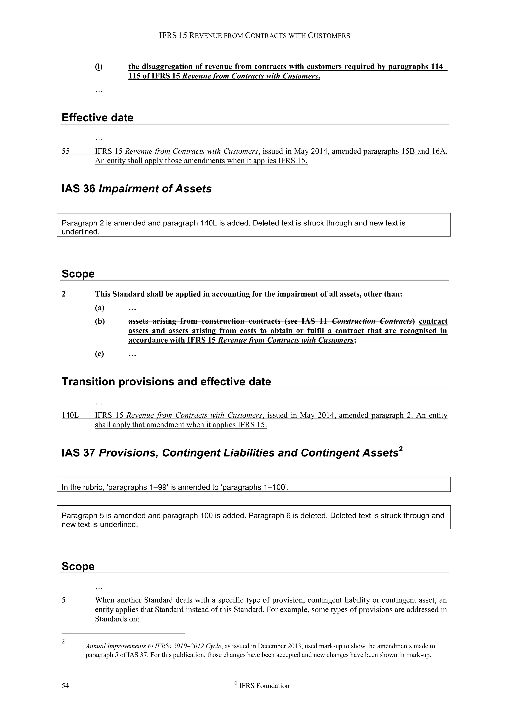 IFRS 15 REVENUE FROM CONTRACTS WITH CUSTOMERS
54 ©
IFRS Foundation
(l) the disaggregation of revenue from contracts with customers required by paragraphs 114–
115 of IFRS 15 Revenue from Contracts with Customers.
…
Effective date
…
55 IFRS 15 Revenue from Contracts with Customers, issued in May 2014, amended paragraphs 15B and 16A.
An entity shall apply those amendments when it applies IFRS 15.
IAS 36 Impairment of Assets
Paragraph 2 is amended and paragraph 140L is added. Deleted text is struck through and new text is
underlined.
Scope
2 This Standard shall be applied in accounting for the impairment of all assets, other than:
(a) …
(b) assets arising from construction contracts (see IAS 11 Construction Contracts) contract
assets and assets arising from costs to obtain or fulfil a contract that are recognised in
accordance with IFRS 15 Revenue from Contracts with Customers;
(c) …
Transition provisions and effective date
…
140L IFRS 15 Revenue from Contracts with Customers, issued in May 2014, amended paragraph 2. An entity
shall apply that amendment when it applies IFRS 15.
IAS 37 Provisions, Contingent Liabilities and Contingent Assets2
In the rubric, ‘paragraphs 1–99’ is amended to ‘paragraphs 1–100’.
Paragraph 5 is amended and paragraph 100 is added. Paragraph 6 is deleted. Deleted text is struck through and
new text is underlined.
Scope
…
5 When another Standard deals with a specific type of provision, contingent liability or contingent asset, an
entity applies that Standard instead of this Standard. For example, some types of provisions are addressed in
Standards on:
2
Annual Improvements to IFRSs 2010–2012 Cycle, as issued in December 2013, used mark-up to show the amendments made to
paragraph 5 of IAS 37. For this publication, those changes have been accepted and new changes have been shown in mark-up.
 