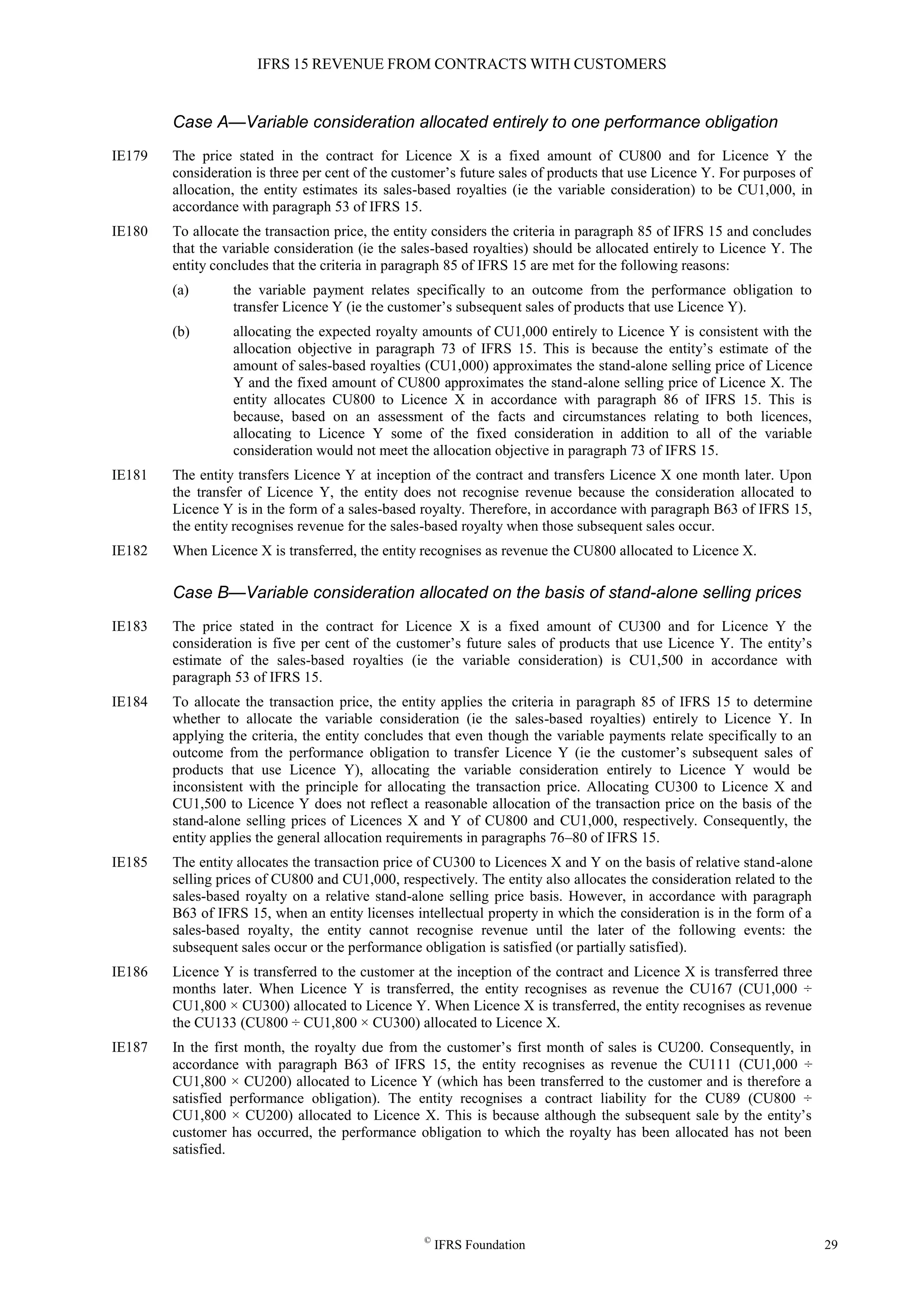 IFRS 15 REVENUE FROM CONTRACTS WITH CUSTOMERS
©
IFRS Foundation 29
Case A—Variable consideration allocated entirely to one performance obligation
IE179 The price stated in the contract for Licence X is a fixed amount of CU800 and for Licence Y the
consideration is three per cent of the customer’s future sales of products that use Licence Y. For purposes of
allocation, the entity estimates its sales-based royalties (ie the variable consideration) to be CU1,000, in
accordance with paragraph 53 of IFRS 15.
IE180 To allocate the transaction price, the entity considers the criteria in paragraph 85 of IFRS 15 and concludes
that the variable consideration (ie the sales-based royalties) should be allocated entirely to Licence Y. The
entity concludes that the criteria in paragraph 85 of IFRS 15 are met for the following reasons:
(a) the variable payment relates specifically to an outcome from the performance obligation to
transfer Licence Y (ie the customer’s subsequent sales of products that use Licence Y).
(b) allocating the expected royalty amounts of CU1,000 entirely to Licence Y is consistent with the
allocation objective in paragraph 73 of IFRS 15. This is because the entity’s estimate of the
amount of sales-based royalties (CU1,000) approximates the stand-alone selling price of Licence
Y and the fixed amount of CU800 approximates the stand-alone selling price of Licence X. The
entity allocates CU800 to Licence X in accordance with paragraph 86 of IFRS 15. This is
because, based on an assessment of the facts and circumstances relating to both licences,
allocating to Licence Y some of the fixed consideration in addition to all of the variable
consideration would not meet the allocation objective in paragraph 73 of IFRS 15.
IE181 The entity transfers Licence Y at inception of the contract and transfers Licence X one month later. Upon
the transfer of Licence Y, the entity does not recognise revenue because the consideration allocated to
Licence Y is in the form of a sales-based royalty. Therefore, in accordance with paragraph B63 of IFRS 15,
the entity recognises revenue for the sales-based royalty when those subsequent sales occur.
IE182 When Licence X is transferred, the entity recognises as revenue the CU800 allocated to Licence X.
Case B—Variable consideration allocated on the basis of stand-alone selling prices
IE183 The price stated in the contract for Licence X is a fixed amount of CU300 and for Licence Y the
consideration is five per cent of the customer’s future sales of products that use Licence Y. The entity’s
estimate of the sales-based royalties (ie the variable consideration) is CU1,500 in accordance with
paragraph 53 of IFRS 15.
IE184 To allocate the transaction price, the entity applies the criteria in paragraph 85 of IFRS 15 to determine
whether to allocate the variable consideration (ie the sales-based royalties) entirely to Licence Y. In
applying the criteria, the entity concludes that even though the variable payments relate specifically to an
outcome from the performance obligation to transfer Licence Y (ie the customer’s subsequent sales of
products that use Licence Y), allocating the variable consideration entirely to Licence Y would be
inconsistent with the principle for allocating the transaction price. Allocating CU300 to Licence X and
CU1,500 to Licence Y does not reflect a reasonable allocation of the transaction price on the basis of the
stand-alone selling prices of Licences X and Y of CU800 and CU1,000, respectively. Consequently, the
entity applies the general allocation requirements in paragraphs 76–80 of IFRS 15.
IE185 The entity allocates the transaction price of CU300 to Licences X and Y on the basis of relative stand-alone
selling prices of CU800 and CU1,000, respectively. The entity also allocates the consideration related to the
sales-based royalty on a relative stand-alone selling price basis. However, in accordance with paragraph
B63 of IFRS 15, when an entity licenses intellectual property in which the consideration is in the form of a
sales-based royalty, the entity cannot recognise revenue until the later of the following events: the
subsequent sales occur or the performance obligation is satisfied (or partially satisfied).
IE186 Licence Y is transferred to the customer at the inception of the contract and Licence X is transferred three
months later. When Licence Y is transferred, the entity recognises as revenue the CU167 (CU1,000 ÷
CU1,800 × CU300) allocated to Licence Y. When Licence X is transferred, the entity recognises as revenue
the CU133 (CU800 ÷ CU1,800 × CU300) allocated to Licence X.
IE187 In the first month, the royalty due from the customer’s first month of sales is CU200. Consequently, in
accordance with paragraph B63 of IFRS 15, the entity recognises as revenue the CU111 (CU1,000 ÷
CU1,800 × CU200) allocated to Licence Y (which has been transferred to the customer and is therefore a
satisfied performance obligation). The entity recognises a contract liability for the CU89 (CU800 ÷
CU1,800 × CU200) allocated to Licence X. This is because although the subsequent sale by the entity’s
customer has occurred, the performance obligation to which the royalty has been allocated has not been
satisfied.
 