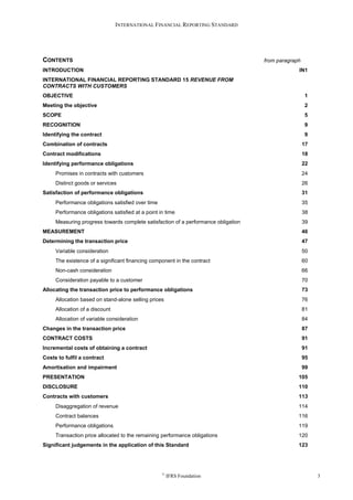 INTERNATIONAL FINANCIAL REPORTING STANDARD
©
IFRS Foundation 3
CONTENTS from paragraph
INTRODUCTION IN1
INTERNATIONAL FINANCIAL REPORTING STANDARD 15 REVENUE FROM
CONTRACTS WITH CUSTOMERS
OBJECTIVE 1
Meeting the objective 2
SCOPE 5
RECOGNITION 9
Identifying the contract 9
Combination of contracts 17
Contract modifications 18
Identifying performance obligations 22
Promises in contracts with customers 24
Distinct goods or services 26
Satisfaction of performance obligations 31
Performance obligations satisfied over time 35
Performance obligations satisfied at a point in time 38
Measuring progress towards complete satisfaction of a performance obligation 39
MEASUREMENT 46
Determining the transaction price 47
Variable consideration 50
The existence of a significant financing component in the contract 60
Non-cash consideration 66
Consideration payable to a customer 70
Allocating the transaction price to performance obligations 73
Allocation based on stand-alone selling prices 76
Allocation of a discount 81
Allocation of variable consideration 84
Changes in the transaction price 87
CONTRACT COSTS 91
Incremental costs of obtaining a contract 91
Costs to fulfil a contract 95
Amortisation and impairment 99
PRESENTATION 105
DISCLOSURE 110
Contracts with customers 113
Disaggregation of revenue 114
Contract balances 116
Performance obligations 119
Transaction price allocated to the remaining performance obligations 120
Significant judgements in the application of this Standard 123
 
