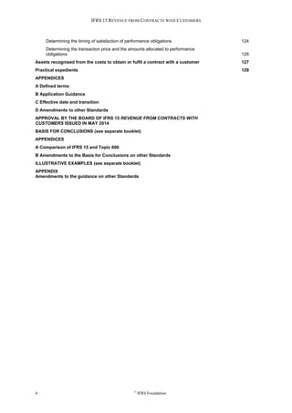 IFRS 15 REVENUE FROM CONTRACTS WITH CUSTOMERS
4 ©
IFRS Foundation
Determining the timing of satisfaction of performance obligations 124
Determining the transaction price and the amounts allocated to performance
obligations 126
Assets recognised from the costs to obtain or fulfil a contract with a customer 127
Practical expedients 129
APPENDICES
A Defined terms
B Application Guidance
C Effective date and transition
D Amendments to other Standards
APPROVAL BY THE BOARD OF IFRS 15 REVENUE FROM CONTRACTS WITH
CUSTOMERS ISSUED IN MAY 2014
BASIS FOR CONCLUSIONS (see separate booklet)
APPENDICES
A Comparison of IFRS 15 and Topic 606
B Amendments to the Basis for Conclusions on other Standards
ILLUSTRATIVE EXAMPLES (see separate booklet)
APPENDIX
Amendments to the guidance on other Standards
 
