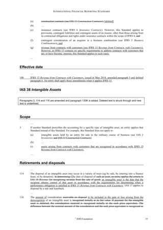 INTERNATIONAL FINANCIAL REPORTING STANDARD
©
IFRS Foundation 55
(a) construction contracts (see IAS 11 Construction Contracts); [deleted]
(b) …
(e) insurance contracts (see IFRS 4 Insurance Contracts). However, this Standard applies to
provisions, contingent liabilities and contingent assets of an insurer, other than those arising from
its contractual obligations and rights under insurance contracts within the scope of IFRS 4; and
(f) contingent consideration of an acquirer in a business combination (see IFRS 3 Business
Combinations).; and
(g) revenue from contracts with customers (see IFRS 15 Revenue from Contracts with Customers).
However, as IFRS 15 contains no specific requirements to address contracts with customers that
are, or have become, onerous, this Standard applies to such cases.
…
Effective date
…
100 IFRS 15 Revenue from Contracts with Customers, issued in May 2014, amended paragraph 5 and deleted
paragraph 6. An entity shall apply those amendments when it applies IFRS 15.
IAS 38 Intangible Assets
Paragraphs 3, 114 and 116 are amended and paragraph 130K is added. Deleted text is struck through and new
text is underlined.
Scope
…
3 If another Standard prescribes the accounting for a specific type of intangible asset, an entity applies that
Standard instead of this Standard. For example, this Standard does not apply to:
(a) intangible assets held by an entity for sale in the ordinary course of business (see IAS 2
Inventories and IAS 11 Construction Contracts).
(b) …
(i) assets arising from contracts with customers that are recognised in accordance with IFRS 15
Revenue from Contracts with Customers.
…
Retirements and disposals
…
114 The disposal of an intangible asset may occur in a variety of ways (eg by sale, by entering into a finance
lease, or by donation). In determining tThe date of disposal of such an asset, an entity applies the criteria in
IAS 18 Revenue for recognising revenue from the sale of goods an intangible asset is the date that the
recipient obtains control of that asset in accordance with the requirements for determining when a
performance obligation is satisfied in IFRS 15 Revenue from Contracts with Customers. IAS 17 applies to
disposal by a sale and leaseback.
…
116 The amount of consideration receivable on disposal to be included in the gain or loss arising from the
derecognition of an intangible asset is recognised initially at its fair value. If payment for the intangible
asset is deferred, the consideration received is recognised initially at the cash price equivalent. The
difference between the nominal amount of the consideration and the cash price equivalent is recognised as
 