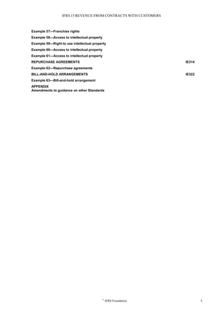 IFRS 15 REVENUE FROM CONTRACTS WITH CUSTOMERS
©
IFRS Foundation 5
Example 57—Franchise rights
Example 58—Access to intellectual property
Example 59—Right to use intellectual property
Example 60—Access to intellectual property
Example 61—Access to intellectual property
REPURCHASE AGREEMENTS IE314
Example 62—Repurchase agreements
BILL-AND-HOLD ARRANGEMENTS IE322
Example 63—Bill-and-hold arrangement
APPENDIX
Amendments to guidance on other Standards
 