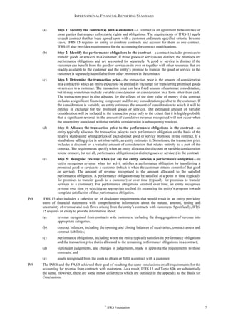 INTERNATIONAL FINANCIAL REPORTING STANDARD
©
IFRS Foundation 7
(a) Step 1: Identify the contract(s) with a customer—a contract is an agreement between two or
more parties that creates enforceable rights and obligations. The requirements of IFRS 15 apply
to each contract that has been agreed upon with a customer and meets specified criteria. In some
cases, IFRS 15 requires an entity to combine contracts and account for them as one contract.
IFRS 15 also provides requirements for the accounting for contract modifications.
(b) Step 2: Identify the performance obligations in the contract—a contract includes promises to
transfer goods or services to a customer. If those goods or services are distinct, the promises are
performance obligations and are accounted for separately. A good or service is distinct if the
customer can benefit from the good or service on its own or together with other resources that are
readily available to the customer and the entity’s promise to transfer the good or service to the
customer is separately identifiable from other promises in the contract.
(c) Step 3: Determine the transaction price—the transaction price is the amount of consideration
in a contract to which an entity expects to be entitled in exchange for transferring promised goods
or services to a customer. The transaction price can be a fixed amount of customer consideration,
but it may sometimes include variable consideration or consideration in a form other than cash.
The transaction price is also adjusted for the effects of the time value of money if the contract
includes a significant financing component and for any consideration payable to the customer. If
the consideration is variable, an entity estimates the amount of consideration to which it will be
entitled in exchange for the promised goods or services. The estimated amount of variable
consideration will be included in the transaction price only to the extent that it is highly probable
that a significant reversal in the amount of cumulative revenue recognised will not occur when
the uncertainty associated with the variable consideration is subsequently resolved.
(d) Step 4: Allocate the transaction price to the performance obligations in the contract—an
entity typically allocates the transaction price to each performance obligation on the basis of the
relative stand-alone selling prices of each distinct good or service promised in the contract. If a
stand-alone selling price is not observable, an entity estimates it. Sometimes, the transaction price
includes a discount or a variable amount of consideration that relates entirely to a part of the
contract. The requirements specify when an entity allocates the discount or variable consideration
to one or more, but not all, performance obligations (or distinct goods or services) in the contract.
(e) Step 5: Recognise revenue when (or as) the entity satisfies a performance obligation—an
entity recognises revenue when (or as) it satisfies a performance obligation by transferring a
promised good or service to a customer (which is when the customer obtains control of that good
or service). The amount of revenue recognised is the amount allocated to the satisfied
performance obligation. A performance obligation may be satisfied at a point in time (typically
for promises to transfer goods to a customer) or over time (typically for promises to transfer
services to a customer). For performance obligations satisfied over time, an entity recognises
revenue over time by selecting an appropriate method for measuring the entity’s progress towards
complete satisfaction of that performance obligation.
IN8 IFRS 15 also includes a cohesive set of disclosure requirements that would result in an entity providing
users of financial statements with comprehensive information about the nature, amount, timing and
uncertainty of revenue and cash flows arising from the entity’s contracts with customers. Specifically, IFRS
15 requires an entity to provide information about:
(a) revenue recognised from contracts with customers, including the disaggregation of revenue into
appropriate categories;
(b) contract balances, including the opening and closing balances of receivables, contract assets and
contract liabilities;
(c) performance obligations, including when the entity typically satisfies its performance obligations
and the transaction price that is allocated to the remaining performance obligations in a contract;
(d) significant judgements, and changes in judgements, made in applying the requirements to those
contracts; and
(e) assets recognised from the costs to obtain or fulfil a contract with a customer.
IN9 The IASB and the FASB achieved their goal of reaching the same conclusions on all requirements for the
accounting for revenue from contracts with customers. As a result, IFRS 15 and Topic 606 are substantially
the same. However, there are some minor differences which are outlined in the appendix to the Basis for
Conclusions.
 