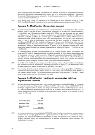 IFRS 15 ILLUSTRATIVE EXAMPLES
10 ©
IFRS Foundation
alone selling prices and the variable consideration does not meet the criteria in paragraph 85 that require
allocation of the variable consideration to one but not both of the performance obligations. Consequently,
the amount of the transaction price allocated to the performance obligations for Product Y and Product Z
increases by CU10 to CU460 each.
IE32 On 31 March 20X1, Product Y is transferred to the customer and the entity recognises revenue of CU460.
On 30 June 20X1, Product Z is transferred to the customer and the entity recognises revenue of CU460.
Example 7—Modification of a services contract
IE33 An entity enters into a three-year contract to clean a customer’s offices on a weekly basis. The customer
promises to pay CU100,000 per year. The stand-alone selling price of the services at contract inception is
CU100,000 per year. The entity recognises revenue of CU100,000 per year during the first two years of
providing services. At the end of the second year, the contract is modified and the fee for the third year is
reduced to CU80,000. In addition, the customer agrees to extend the contract for three additional years for
consideration of CU200,000 payable in three equal annual instalments of CU66,667 at the beginning of
years 4, 5 and 6. After the modification, the contract has four years remaining in exchange for total
consideration of CU280,000. The stand-alone selling price of the services at the beginning of the third year
is CU80,000 per year. The entity’s stand-alone selling price at the beginning of the third year, multiplied by
the remaining number of years to provide services, is deemed to be an appropriate estimate of the stand-
alone selling price of the multi-year contract (ie the stand-alone selling price is 4 years × CU80,000 per year
= CU320,000).
IE34 At contract inception, the entity assesses that each week of cleaning service is distinct in accordance with
paragraph 27 of IFRS 15. Notwithstanding that each week of cleaning service is distinct, the entity accounts
for the cleaning contract as a single performance obligation in accordance with paragraph 22(b) of IFRS 15.
This is because the weekly cleaning services are a series of distinct services that are substantially the same
and have the same pattern of transfer to the customer (the services transfer to the customer over time and
use the same method to measure progress—that is, a time-based measure of progress).
IE35 At the date of the modification, the entity assesses the remaining services to be provided and concludes that
they are distinct. However, the amount of remaining consideration to be paid (CU280,000) does not reflect
the stand-alone selling price of the services to be provided (CU320,000).
IE36 Consequently, the entity accounts for the modification in accordance with paragraph 21(a) of IFRS 15 as a
termination of the original contract and the creation of a new contract with consideration of CU280,000 for
four years of cleaning service. The entity recognises revenue of CU70,000 per year (CU280,000 ÷ 4 years)
as the services are provided over the remaining four years.
Example 8—Modification resulting in a cumulative catch-up
adjustment to revenue
IE37 An entity, a construction company, enters into a contract to construct a commercial building for a customer
on customer-owned land for promised consideration of CU1 million and a bonus of CU200,000 if the
building is completed within 24 months. The entity accounts for the promised bundle of goods and services
as a single performance obligation satisfied over time in accordance with paragraph 35(b) of IFRS 15
because the customer controls the building during construction. At the inception of the contract, the entity
expects the following:
CU
Transaction price 1,000,000
Expected costs 700,000
Expected profit
(30%) 300,000
IE38 At contract inception, the entity excludes the CU200,000 bonus from the transaction price because it cannot
conclude that it is highly probable that a significant reversal in the amount of cumulative revenue
recognised will not occur. Completion of the building is highly susceptible to factors outside the entity’s
influence, including weather and regulatory approvals. In addition, the entity has limited experience with
similar types of contracts.
 