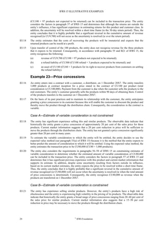 IFRS 15 ILLUSTRATIVE EXAMPLES
20 ©
IFRS Foundation
(CU100 × 97 products not expected to be returned) can be included in the transaction price. The entity
considers the factors in paragraph 57 of IFRS 15 and determines that although the returns are outside the
entity’s influence, it has significant experience in estimating returns for this product and customer class. In
addition, the uncertainty will be resolved within a short time frame (ie the 30-day return period). Thus, the
entity concludes that it is highly probable that a significant reversal in the cumulative amount of revenue
recognised (ie CU9,700) will not occur as the uncertainty is resolved (ie over the return period).
IE114 The entity estimates that the costs of recovering the products will be immaterial and expects that the
returned products can be resold at a profit.
IE115 Upon transfer of control of the 100 products, the entity does not recognise revenue for the three products
that it expects to be returned. Consequently, in accordance with paragraphs 55 and B21 of IFRS 15, the
entity recognises the following:
(a) revenue of CU9,700 (CU100 × 97 products not expected to be returned);
(b) a refund liability of CU300 (CU100 refund × 3 products expected to be returned); and
(c) an asset of CU180 (CU60 × 3 products for its right to recover products from customers on settling
the refund liability).
Example 23—Price concessions
IE116 An entity enters into a contract with a customer, a distributor, on 1 December 20X7. The entity transfers
1,000 products at contract inception for a price stated in the contract of CU100 per product (total
consideration is CU100,000). Payment from the customer is due when the customer sells the products to the
end customers. The entity’s customer generally sells the products within 90 days of obtaining them. Control
of the products transfers to the customer on 1 December 20X7.
IE117 On the basis of its past practices and to maintain its relationship with the customer, the entity anticipates
granting a price concession to its customer because this will enable the customer to discount the product and
thereby move the product through the distribution chain. Consequently, the consideration in the contract is
variable.
Case A—Estimate of variable consideration is not constrained
IE118 The entity has significant experience selling this and similar products. The observable data indicate that
historically the entity grants a price concession of approximately 20 per cent of the sales price for these
products. Current market information suggests that a 20 per cent reduction in price will be sufficient to
move the products through the distribution chain. The entity has not granted a price concession significantly
greater than 20 per cent in many years.
IE119 To estimate the variable consideration to which the entity will be entitled, the entity decides to use the
expected value method (see paragraph 53(a) of IFRS 15) because it is the method that the entity expects to
better predict the amount of consideration to which it will be entitled. Using the expected value method, the
entity estimates the transaction price to be CU80,000 (CU80 × 1,000 products).
IE120 The entity also considers the requirements in paragraphs 56–58 of IFRS 15 on constraining estimates of
variable consideration to determine whether the estimated amount of variable consideration of CU80,000
can be included in the transaction price. The entity considers the factors in paragraph 57 of IFRS 15 and
determines that it has significant previous experience with this product and current market information that
supports its estimate. In addition, despite some uncertainty resulting from factors outside its influence,
based on its current market estimates, the entity expects the price to be resolved within a short time frame.
Thus, the entity concludes that it is highly probable that a significant reversal in the cumulative amount of
revenue recognised (ie CU80,000) will not occur when the uncertainty is resolved (ie when the total amount
of price concessions is determined). Consequently, the entity recognises CU80,000 as revenue when the
products are transferred on 1 December 20X7.
Case B—Estimate of variable consideration is constrained
IE121 The entity has experience selling similar products. However, the entity’s products have a high risk of
obsolescence and the entity is experiencing high volatility in the pricing of its products. The observable data
indicate that historically the entity grants a broad range of price concessions ranging from 20–60 per cent of
the sales price for similar products. Current market information also suggests that a 15–50 per cent
reduction in price may be necessary to move the products through the distribution chain.
 