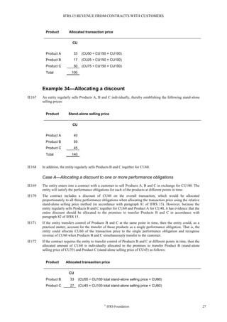 IFRS 15 REVENUE FROM CONTRACTS WITH CUSTOMERS
©
IFRS Foundation 27
Product Allocated transaction price
CU
Product A 33 (CU50 ÷ CU150 × CU100)
Product B 17 (CU25 ÷ CU150 × CU100)
Product C 50 (CU75 ÷ CU150 × CU100)
Total 100
Example 34—Allocating a discount
IE167 An entity regularly sells Products A, B and C individually, thereby establishing the following stand-alone
selling prices:
Product Stand-alone selling price
CU
Product A 40
Product B 55
Product C 45
Total 140
IE168 In addition, the entity regularly sells Products B and C together for CU60.
Case A—Allocating a discount to one or more performance obligations
IE169 The entity enters into a contract with a customer to sell Products A, B and C in exchange for CU100. The
entity will satisfy the performance obligations for each of the products at different points in time.
IE170 The contract includes a discount of CU40 on the overall transaction, which would be allocated
proportionately to all three performance obligations when allocating the transaction price using the relative
stand-alone selling price method (in accordance with paragraph 81 of IFRS 15). However, because the
entity regularly sells Products B and C together for CU60 and Product A for CU40, it has evidence that the
entire discount should be allocated to the promises to transfer Products B and C in accordance with
paragraph 82 of IFRS 15.
IE171 If the entity transfers control of Products B and C at the same point in time, then the entity could, as a
practical matter, account for the transfer of those products as a single performance obligation. That is, the
entity could allocate CU60 of the transaction price to the single performance obligation and recognise
revenue of CU60 when Products B and C simultaneously transfer to the customer.
IE172 If the contract requires the entity to transfer control of Products B and C at different points in time, then the
allocated amount of CU60 is individually allocated to the promises to transfer Product B (stand-alone
selling price of CU55) and Product C (stand-alone selling price of CU45) as follows:
Product Allocated transaction price
CU
Product B 33 (CU55 ÷ CU100 total stand-alone selling price × CU60)
Product C 27 (CU45 ÷ CU100 total stand-alone selling price × CU60)
 