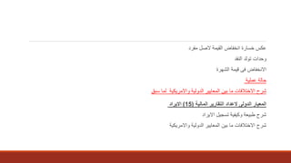 ‫مفرد‬ ‫الصل‬ ‫القيمة‬ ‫انخفاض‬ ‫خسارة‬ ‫عكس‬
‫النقد‬ ‫تولد‬ ‫وحدات‬
‫الشهرة‬ ‫قيمة‬ ‫فى‬ ‫االنخفاض‬
‫عملية‬ ‫حالة‬
‫لما‬ ‫واالمريكية‬ ‫الدولية‬ ‫المعايير‬ ‫بين‬ ‫ما‬ ‫االختالفات‬ ‫شرح‬‫سبق‬
‫المالية‬ ‫التقارير‬ ‫العداد‬ ‫الدولى‬ ‫المعيار‬(15)‫االيراد‬
‫االيراد‬ ‫تسجيل‬ ‫وكيفية‬ ‫طبيعة‬ ‫شرح‬
‫واالمريكية‬ ‫الدولية‬ ‫المعايير‬ ‫بين‬ ‫ما‬ ‫االختالفات‬ ‫شرح‬
 