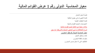 ‫رقم‬ ‫الدولى‬ ‫المحاسبة‬ ‫معيار‬1‫المالية‬ ‫القوائم‬ ‫عرض‬
‫الشامل‬ ‫الدخل‬ ‫قائمة‬
‫الملكية‬ ‫حقوق‬ ‫فى‬ ‫التغييرات‬ ‫قائمة‬
‫النقدية‬ ‫التدفقات‬ ‫قائمة‬
‫المالية‬ ‫للقوائم‬ ‫المتممة‬ ‫االيضاحات‬
‫المالية‬ ‫للقوائم‬ ‫الجديد‬ ‫الشكل‬ ‫عن‬ ‫عملية‬ ‫حاالت‬
‫سبق‬ ‫لما‬ ‫واالمريكية‬ ‫الدولية‬ ‫المعايير‬ ‫بين‬ ‫ما‬ ‫االختالفات‬ ‫شرح‬
‫رقم‬ ‫الدولية‬ ‫المحاسبة‬ ‫معيار‬(2)‫المخزون‬
‫المعيار‬ ‫ونطاق‬ ‫هدف‬
‫المخزون‬ ‫تكلفة‬ ‫مكونات‬
‫المخزون‬ ‫ضمن‬ ‫تدخل‬ ‫ال‬ ‫التى‬ ‫التكاليف‬
 