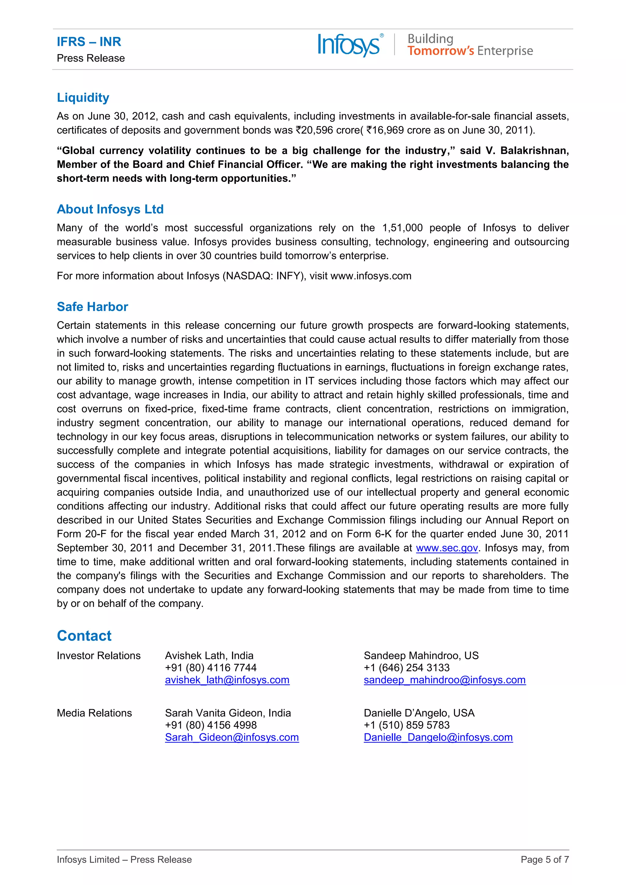 IFRS – INR
Press Release
Infosys Limited – Press Release Page 5 of 7
Liquidity
As on June 30, 2012, cash and cash equivalents, including investments in available-for-sale financial assets,
certificates of deposits and government bonds was `20,596 crore( `16,969 crore as on June 30, 2011).
“Global currency volatility continues to be a big challenge for the industry,” said V. Balakrishnan,
Member of the Board and Chief Financial Officer. “We are making the right investments balancing the
short-term needs with long-term opportunities.”
About Infosys Ltd
Many of the world’s most successful organizations rely on the 1,51,000 people of Infosys to deliver
measurable business value. Infosys provides business consulting, technology, engineering and outsourcing
services to help clients in over 30 countries build tomorrow’s enterprise.
For more information about Infosys (NASDAQ: INFY), visit www.infosys.com
Safe Harbor
Certain statements in this release concerning our future growth prospects are forward-looking statements,
which involve a number of risks and uncertainties that could cause actual results to differ materially from those
in such forward-looking statements. The risks and uncertainties relating to these statements include, but are
not limited to, risks and uncertainties regarding fluctuations in earnings, fluctuations in foreign exchange rates,
our ability to manage growth, intense competition in IT services including those factors which may affect our
cost advantage, wage increases in India, our ability to attract and retain highly skilled professionals, time and
cost overruns on fixed-price, fixed-time frame contracts, client concentration, restrictions on immigration,
industry segment concentration, our ability to manage our international operations, reduced demand for
technology in our key focus areas, disruptions in telecommunication networks or system failures, our ability to
successfully complete and integrate potential acquisitions, liability for damages on our service contracts, the
success of the companies in which Infosys has made strategic investments, withdrawal or expiration of
governmental fiscal incentives, political instability and regional conflicts, legal restrictions on raising capital or
acquiring companies outside India, and unauthorized use of our intellectual property and general economic
conditions affecting our industry. Additional risks that could affect our future operating results are more fully
described in our United States Securities and Exchange Commission filings including our Annual Report on
Form 20-F for the fiscal year ended March 31, 2012 and on Form 6-K for the quarter ended June 30, 2011
September 30, 2011 and December 31, 2011.These filings are available at www.sec.gov. Infosys may, from
time to time, make additional written and oral forward-looking statements, including statements contained in
the company's filings with the Securities and Exchange Commission and our reports to shareholders. The
company does not undertake to update any forward-looking statements that may be made from time to time
by or on behalf of the company.
Contact
Investor Relations Avishek Lath, India
+91 (80) 4116 7744
avishek_lath@infosys.com
Sandeep Mahindroo, US
+1 (646) 254 3133
sandeep_mahindroo@infosys.com
Media Relations Sarah Vanita Gideon, India
+91 (80) 4156 4998
Sarah_Gideon@infosys.com
Danielle D’Angelo, USA
+1 (510) 859 5783
Danielle_Dangelo@infosys.com
 