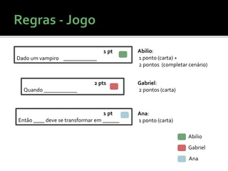 Abilio
Gabriel
Ana
1 pt
Então ____ deve se transformar em ______
1 pt
Dado um vampiro ____________
2 pts
Quando ____________
Abilio:
1 ponto (carta) +
2 pontos (completar cenário)
Gabriel:
2 pontos (carta)
Ana:
1 ponto (carta)
 