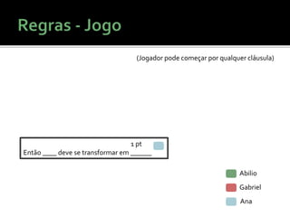 Abilio
Gabriel
Ana
1 pt
Então ____ deve se transformar em ______
(Jogador pode começar por qualquer cláusula)
 