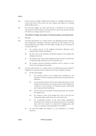 23E If other sources of hedge ineffectiveness emerge in a hedging relationship, an
entity shall disclose those sources by risk category and explain the resulting
hedge ineffectiveness.
23F For cash flow hedges, an entity shall disclose a description of any forecast
transaction for which hedge accounting had been used in the previous period,
but which is no longer expected to occur.
The effects of hedge accounting on financial position and performance
24 [Deleted]
24A An entity shall disclose, in a tabular format, the following amounts related to
items designated as hedging instruments separately by risk category for each
type of hedge (fair value hedge, cash flow hedge or hedge of a net investment in
a foreign operation):
(a) the carrying amount of the hedging instruments (financial assets
separately from financial liabilities);
(b) the line item in the statement of financial position that includes the
hedging instrument;
(c) the change in fair value of the hedging instrument used as the basis for
recognising hedge ineffectiveness for the period; and
(d) the nominal amounts (including quantities such as tonnes or cubic
metres) of the hedging instruments.
24B An entity shall disclose, in a tabular format, the following amounts related to
hedged items separately by risk category for the types of hedges as follows:
(a) for fair value hedges:
(i) the carrying amount of the hedged item recognised in the
statement of financial position (presenting assets separately from
liabilities);
(ii) the accumulated amount of fair value hedge adjustments on the
hedged item included in the carrying amount of the hedged item
recognised in the statement of financial position (presenting
assets separately from liabilities);
(iii) the line item in the statement of financial position that includes
the hedged item;
(iv) the change in value of the hedged item used as the basis for
recognising hedge ineffectiveness for the period; and
(v) the accumulated amount of fair value hedge adjustments
remaining in the statement of financial position for any hedged
items that have ceased to be adjusted for hedging gains and
losses in accordance with paragraph 6.5.10 of IFRS 9.
(b) for cash flow hedges and hedges of a net investment in a foreign
operation:
IFRS 7
஽ IFRS FoundationA258
 