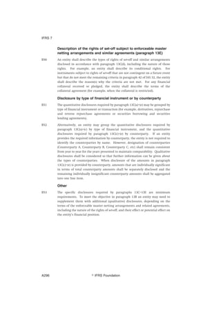 Description of the rights of set-off subject to enforceable master
netting arrangements and similar agreements (paragraph 13E)
B50 An entity shall describe the types of rights of set-off and similar arrangements
disclosed in accordance with paragraph 13C(d), including the nature of those
rights. For example, an entity shall describe its conditional rights. For
instruments subject to rights of set-off that are not contingent on a future event
but that do not meet the remaining criteria in paragraph 42 of IAS 32, the entity
shall describe the reason(s) why the criteria are not met. For any financial
collateral received or pledged, the entity shall describe the terms of the
collateral agreement (for example, when the collateral is restricted).
Disclosure by type of financial instrument or by counterparty
B51 The quantitative disclosures required by paragraph 13C(a)–(e) may be grouped by
type of financial instrument or transaction (for example, derivatives, repurchase
and reverse repurchase agreements or securities borrowing and securities
lending agreements).
B52 Alternatively, an entity may group the quantitative disclosures required by
paragraph 13C(a)–(c) by type of financial instrument, and the quantitative
disclosures required by paragraph 13C(c)–(e) by counterparty. If an entity
provides the required information by counterparty, the entity is not required to
identify the counterparties by name. However, designation of counterparties
(Counterparty A, Counterparty B, Counterparty C, etc) shall remain consistent
from year to year for the years presented to maintain comparability. Qualitative
disclosures shall be considered so that further information can be given about
the types of counterparties. When disclosure of the amounts in paragraph
13C(c)–(e) is provided by counterparty, amounts that are individually significant
in terms of total counterparty amounts shall be separately disclosed and the
remaining individually insignificant counterparty amounts shall be aggregated
into one line item.
Other
B53 The specific disclosures required by paragraphs 13C–13E are minimum
requirements. To meet the objective in paragraph 13B an entity may need to
supplement them with additional (qualitative) disclosures, depending on the
terms of the enforceable master netting arrangements and related agreements,
including the nature of the rights of set-off, and their effect or potential effect on
the entity’s financial position.
IFRS 7
஽ IFRS FoundationA296
 