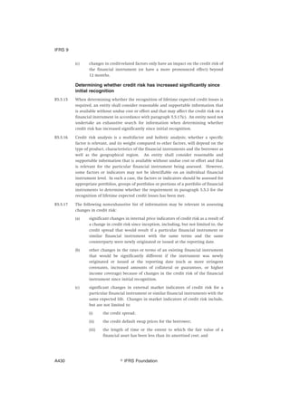 (c) changes in credit-related factors only have an impact on the credit risk of
the financial instrument (or have a more pronounced effect) beyond
12 months.
Determining whether credit risk has increased significantly since
initial recognition
B5.5.15 When determining whether the recognition of lifetime expected credit losses is
required, an entity shall consider reasonable and supportable information that
is available without undue cost or effort and that may affect the credit risk on a
financial instrument in accordance with paragraph 5.5.17(c). An entity need not
undertake an exhaustive search for information when determining whether
credit risk has increased significantly since initial recognition.
B5.5.16 Credit risk analysis is a multifactor and holistic analysis; whether a specific
factor is relevant, and its weight compared to other factors, will depend on the
type of product, characteristics of the financial instruments and the borrower as
well as the geographical region. An entity shall consider reasonable and
supportable information that is available without undue cost or effort and that
is relevant for the particular financial instrument being assessed. However,
some factors or indicators may not be identifiable on an individual financial
instrument level. In such a case, the factors or indicators should be assessed for
appropriate portfolios, groups of portfolios or portions of a portfolio of financial
instruments to determine whether the requirement in paragraph 5.5.3 for the
recognition of lifetime expected credit losses has been met.
B5.5.17 The following non-exhaustive list of information may be relevant in assessing
changes in credit risk:
(a) significant changes in internal price indicators of credit risk as a result of
a change in credit risk since inception, including, but not limited to, the
credit spread that would result if a particular financial instrument or
similar financial instrument with the same terms and the same
counterparty were newly originated or issued at the reporting date.
(b) other changes in the rates or terms of an existing financial instrument
that would be significantly different if the instrument was newly
originated or issued at the reporting date (such as more stringent
covenants, increased amounts of collateral or guarantees, or higher
income coverage) because of changes in the credit risk of the financial
instrument since initial recognition.
(c) significant changes in external market indicators of credit risk for a
particular financial instrument or similar financial instruments with the
same expected life. Changes in market indicators of credit risk include,
but are not limited to:
(i) the credit spread;
(ii) the credit default swap prices for the borrower;
(iii) the length of time or the extent to which the fair value of a
financial asset has been less than its amortised cost; and
IFRS 9
஽ IFRS FoundationA430
 