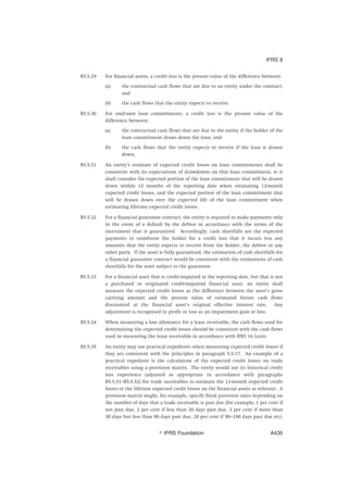 B5.5.29 For financial assets, a credit loss is the present value of the difference between:
(a) the contractual cash flows that are due to an entity under the contract;
and
(b) the cash flows that the entity expects to receive.
B5.5.30 For undrawn loan commitments, a credit loss is the present value of the
difference between:
(a) the contractual cash flows that are due to the entity if the holder of the
loan commitment draws down the loan; and
(b) the cash flows that the entity expects to receive if the loan is drawn
down.
B5.5.31 An entity’s estimate of expected credit losses on loan commitments shall be
consistent with its expectations of drawdowns on that loan commitment, ie it
shall consider the expected portion of the loan commitment that will be drawn
down within 12 months of the reporting date when estimating 12-month
expected credit losses, and the expected portion of the loan commitment that
will be drawn down over the expected life of the loan commitment when
estimating lifetime expected credit losses.
B5.5.32 For a financial guarantee contract, the entity is required to make payments only
in the event of a default by the debtor in accordance with the terms of the
instrument that is guaranteed. Accordingly, cash shortfalls are the expected
payments to reimburse the holder for a credit loss that it incurs less any
amounts that the entity expects to receive from the holder, the debtor or any
other party. If the asset is fully guaranteed, the estimation of cash shortfalls for
a financial guarantee contract would be consistent with the estimations of cash
shortfalls for the asset subject to the guarantee.
B5.5.33 For a financial asset that is credit-impaired at the reporting date, but that is not
a purchased or originated credit-impaired financial asset, an entity shall
measure the expected credit losses as the difference between the asset’s gross
carrying amount and the present value of estimated future cash flows
discounted at the financial asset’s original effective interest rate. Any
adjustment is recognised in profit or loss as an impairment gain or loss.
B5.5.34 When measuring a loss allowance for a lease receivable, the cash flows used for
determining the expected credit losses should be consistent with the cash flows
used in measuring the lease receivable in accordance with IFRS 16 Leases.
B5.5.35 An entity may use practical expedients when measuring expected credit losses if
they are consistent with the principles in paragraph 5.5.17. An example of a
practical expedient is the calculation of the expected credit losses on trade
receivables using a provision matrix. The entity would use its historical credit
loss experience (adjusted as appropriate in accordance with paragraphs
B5.5.51–B5.5.52) for trade receivables to estimate the 12-month expected credit
losses or the lifetime expected credit losses on the financial assets as relevant. A
provision matrix might, for example, specify fixed provision rates depending on
the number of days that a trade receivable is past due (for example, 1 per cent if
not past due, 2 per cent if less than 30 days past due, 3 per cent if more than
30 days but less than 90 days past due, 20 per cent if 90–180 days past due etc).
IFRS 9
஽ IFRS Foundation A435
 
