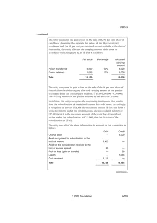 ...continued
The entity calculates the gain or loss on the sale of the 90 per cent share of
cash flows. Assuming that separate fair values of the 90 per cent part
transferred and the 10 per cent part retained are not available at the date of
the transfer, the entity allocates the carrying amount of the asset in
accordance with paragraph 3.2.14 of IFRS 9 as follows:
Fair value Percentage Allocated
carrying
amount
Portion transferred 9,090 90% 9,000
Portion retained 1,010 10% 1,000
Total 10,100 10,000
The entity computes its gain or loss on the sale of the 90 per cent share of
the cash flows by deducting the allocated carrying amount of the portion
transferred from the consideration received, ie CU90 (CU9,090 – CU9,000).
The carrying amount of the portion retained by the entity is CU1,000.
In addition, the entity recognises the continuing involvement that results
from the subordination of its retained interest for credit losses. Accordingly,
it recognises an asset of CU1,000 (the maximum amount of the cash flows it
would not receive under the subordination), and an associated liability of
CU1,065 (which is the maximum amount of the cash flows it would not
receive under the subordination, ie CU1,000 plus the fair value of the
subordination of CU65).
The entity uses all of the above information to account for the transaction as
follows:
Debit Credit
Original asset — 9,000
Asset recognised for subordination or the
residual interest 1,000 —
Asset for the consideration received in the
form of excess spread 40 —
Profit or loss (gain on transfer) — 90
Liability — 1,065
Cash received 9,115 —
Total 10,155 10,155
continued...
IFRS 9
஽ IFRS Foundation A389
 