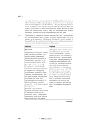necessarily inconsistent with an objective to hold financial assets in order to
collect contractual cash flows, if an entity can explain the reasons for those sales
and demonstrate why those sales do not reflect a change in the entity’s business
model. In addition, sales may be consistent with the objective of holding
financial assets in order to collect contractual cash flows if the sales are made
close to the maturity of the financial assets and the proceeds from the sales
approximate the collection of the remaining contractual cash flows.
B4.1.4 The following are examples of when the objective of an entity’s business model
may be to hold financial assets to collect the contractual cash flows. This list of
examples is not exhaustive. Furthermore, the examples are not intended to
discuss all factors that may be relevant to the assessment of the entity’s business
model nor specify the relative importance of the factors.
Example Analysis
Example 1
An entity holds investments to collect
their contractual cash flows. The
funding needs of the entity are
predictable and the maturity of its
financial assets is matched to the
entity’s estimated funding needs.
The entity performs credit risk
management activities with the
objective of minimising credit losses.
In the past, sales have typically
occurred when the financial assets’
credit risk has increased such that
the assets no longer meet the credit
criteria specified in the entity’s
documented investment policy. In
addition, infrequent sales have
occurred as a result of unanticipated
funding needs.
Reports to key management
personnel focus on the credit quality
of the financial assets and the
contractual return. The entity also
monitors fair values of the financial
assets, among other information.
Although the entity considers, among
other information, the financial
assets’ fair values from a liquidity
perspective (ie the cash amount that
would be realised if the entity needs
to sell assets), the entity’s objective is
to hold the financial assets in order
to collect the contractual cash flows.
Sales would not contradict that
objective if they were in response to
an increase in the assets’ credit risk,
for example if the assets no longer
meet the credit criteria specified in
the entity’s documented investment
policy. Infrequent sales resulting
from unanticipated funding needs
(eg in a stress case scenario) also
would not contradict that objective,
even if such sales are significant in
value.
continued...
IFRS 9
஽ IFRS FoundationA394
 