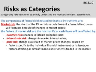 Risks as Categories
B6.3.10
Categorizing risks helps users to identify, understand and monitor an entities' potential risks.
The components of financial risk related to financial instruments are:
Market risk: the risk that the FV or future cash flows of a financial instrument
will fluctuate because of changes in market prices;
the factors of market risk are the risk that FV or cash flows will be affected by:
- currency risk: changes in foreign exchange rates;
- interest rate risk: changes in market interest rates;
- price risk: change as a result of market prices changes, caused by
- factors specific to the individual financial instrument or its issuer, or
- factors affecting all similar financial instruments traded in the market
 