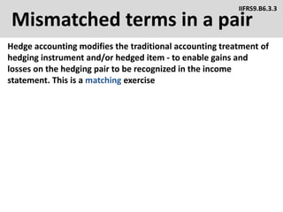 Mismatched terms in a pair
Hedge accounting modifies the traditional accounting treatment of
hedging instrument and/or hedged item - to enable gains and
losses on the hedging pair to be recognized in the income
statement. This is a matching exercise
IIFRS9.B6.3.3
 