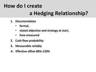 How do I create
a Hedging Relationship?
1. Documentation
• formal,
• stated objective and strategy at start,
• how measured
2. Cash flow probability
3. Measurable reliably
4. Effective offset 80%-120%
 