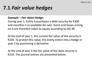 7.1 Fair value hedges
Example – Fair Value Hedge:
During year 1, Entity A purchases a debt security for €300
and classifies it as available-for-sale. Gains and losses arising
on it are therefore taken to equity according to IAS 39.
At the end of year 1, the current fair value of the security is
€320. To protect this value, the entity enters into a hedge in
year 2 by purchasing a derivative.
At the end of year 2 the fair value of the debt security is
€310. The journal entries are presented below:
IFRS9.6.5.2(b)
 