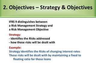 2. Objectives – Strategy & Objectives
IFRS 9 distinguishes between
a Risk Management Strategy and
a Risk Management Objective
Strategy:
- identifies the Risks addressed
- how those risks will be dealt with
Example:
Strategy identifies the Risks of changing interest rates
Those risks will be dealt with by maintaining a fixed to
floating ratio for those loans
 