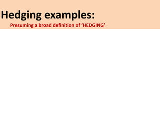 Hedging examples:
Presuming a broad definition of ‘HEDGING’
 