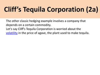 Cliff’s Tequila Corporation (2a)
The other classic hedging example involves a company that
depends on a certain commodity.
Let's say Cliff's Tequila Corporation is worried about the
volatility in the price of agave, the plant used to make tequila.
 