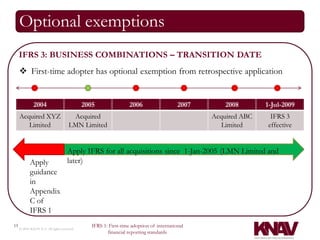 Optional exemptions
     IFRS 3: BUSINESS COMBINATIONS – TRANSITION DATE
      First-time adopter has optional exemption from retrospective application


              2004                          2005                 2006                   2007       2008       1-Jul-2009
     Acquired XYZ                     Acquired                                                 Acquired ABC    IFRS 3
        Limited                      LMN Limited                                                  Limited     effective


                                     Apply IFRS for all acquisitions since 1-Jan-2005 (LMN Limited and
            Apply                    later)
            guidance
            in
            Appendix
            C of
            IFRS 1
15                                             IFRS 1: First-time adoption of international
     © 2010 KNAV P.A. All rights reserved
                                                      financial reporting standards
 