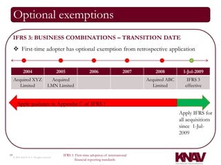 Optional exemptions
     IFRS 3: BUSINESS COMBINATIONS – TRANSITION DATE
      First-time adopter has optional exemption from retrospective application


              2004                          2005                 2006                   2007       2008         1-Jul-2009
     Acquired XYZ                     Acquired                                                 Acquired ABC       IFRS 3
        Limited                      LMN Limited                                                  Limited        effective


        Apply guidance in Appendix C of IFRS 1
                                                                                                              Apply IFRS for
                                                                                                              all acquisitions
                                                                                                              since 1-Jul-
                                                                                                              2009


19                                             IFRS 1: First-time adoption of international
     © 2010 KNAV P.A. All rights reserved
                                                      financial reporting standards
 