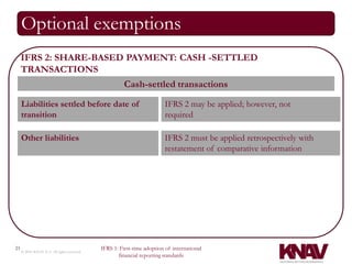 Optional exemptions
     IFRS 2: SHARE-BASED PAYMENT: CASH -SETTLED
     TRANSACTIONS
                                                      Cash-settled transactions

     Liabilities settled before date of                                 IFRS 2 may be applied; however, not
     transition                                                         required

     Other liabilities                                                 IFRS 2 must be applied retrospectively with
                                                                       restatement of comparative information




23                                          IFRS 1: First-time adoption of international
     © 2010 KNAV P.A. All rights reserved
                                                   financial reporting standards
 