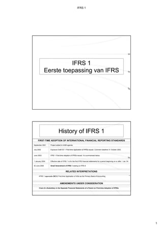 IFRS 1
Eerste toepassing van IFRS
History of IFRS 1
FIRST-TIME ADOPTION OF INTERNATIONAL FINANCIAL REPORTING STANDARDS
September 2001 Project added to IASB agenda
July 2002 Exposure Draft ED 1 First-time Application of IFRSs issued. Comment deadline 31 October 2002.
June 2003 IFRS 1 First-time Adoption of IFRSs issued. It is summarised below.
1 January 2004 Effective date of IFRS 1 is for the first IFRS financial statements for a period beginning on or after 1 Jan ‘04
30 June 2005 Small Amendment of IFRS 1 relating to IFRS 6
RELATED INTERPRETATIONS
•IFRS 1 supersedes SIC 8, First-time Application of IASs as the Primary Basis of Accounting
AMENDMENTS UNDER CONSIDERATION
•Cost of a Subsidiary in the Separate Financial Statements of a Parent on First-time Adoption of IFRSs
IFRS 1
1
 