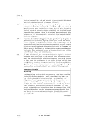 activities that significantly affect the returns of the arrangement (ie the relevant
activities), the parties control the arrangement collectively.
B6 After concluding that all the parties, or a group of the parties, control the
arrangement collectively, an entity shall assess whether it has joint control of
the arrangement. Joint control exists only when decisions about the relevant
activities require the unanimous consent of the parties that collectively control
the arrangement. Assessing whether the arrangement is jointly controlled by all
of its parties or by a group of the parties, or controlled by one of its parties alone,
can require judgement.
B7 Sometimes the decision-making process that is agreed upon by the parties in
their contractual arrangement implicitly leads to joint control. For example,
assume two parties establish an arrangement in which each has 50 per cent of
the voting rights and the contractual arrangement between them specifies that
at least 51 per cent of the voting rights are required to make decisions about the
relevant activities. In this case, the parties have implicitly agreed that they have
joint control of the arrangement because decisions about the relevant activities
cannot be made without both parties agreeing.
B8 In other circumstances, the contractual arrangement requires a minimum
proportion of the voting rights to make decisions about the relevant activities.
When that minimum required proportion of the voting rights can be achieved
by more than one combination of the parties agreeing together, that
arrangement is not a joint arrangement unless the contractual arrangement
specifies which parties (or combination of parties) are required to agree
unanimously to decisions about the relevant activities of the arrangement.
Application examples
Example 1
Assume that three parties establish an arrangement: A has 50 per cent of the
voting rights in the arrangement, B has 30 per cent and C has 20 per cent.
The contractual arrangement between A, B and C specifies that at least
75 per cent of the voting rights are required to make decisions about the
relevant activities of the arrangement. Even though A can block any
decision, it does not control the arrangement because it needs the agreement
of B. The terms of their contractual arrangement requiring at least 75 per
cent of the voting rights to make decisions about the relevant activities imply
that A and B have joint control of the arrangement because decisions about
the relevant activities of the arrangement cannot be made without both A
and B agreeing.
continued...
IFRS 11
஽ IFRS FoundationA552
 
