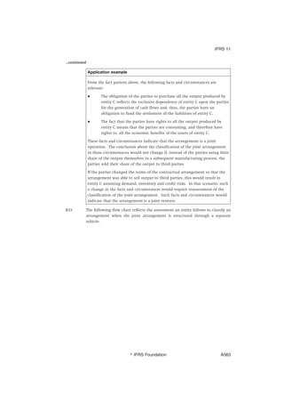 ...continued
Application example
From the fact pattern above, the following facts and circumstances are
relevant:
● The obligation of the parties to purchase all the output produced by
entity C reflects the exclusive dependence of entity C upon the parties
for the generation of cash flows and, thus, the parties have an
obligation to fund the settlement of the liabilities of entity C.
● The fact that the parties have rights to all the output produced by
entity C means that the parties are consuming, and therefore have
rights to, all the economic benefits of the assets of entity C.
These facts and circumstances indicate that the arrangement is a joint
operation. The conclusion about the classification of the joint arrangement
in these circumstances would not change if, instead of the parties using their
share of the output themselves in a subsequent manufacturing process, the
parties sold their share of the output to third parties.
If the parties changed the terms of the contractual arrangement so that the
arrangement was able to sell output to third parties, this would result in
entity C assuming demand, inventory and credit risks. In that scenario, such
a change in the facts and circumstances would require reassessment of the
classification of the joint arrangement. Such facts and circumstances would
indicate that the arrangement is a joint venture.
B33 The following flow chart reflects the assessment an entity follows to classify an
arrangement when the joint arrangement is structured through a separate
vehicle:
IFRS 11
஽ IFRS Foundation A563
 