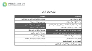 ‫الموجودات‬
‫المطلوبات‬
‫عقلة‬ ‫ةا‬ ‫ل‬ ‫ة‬ ‫عقلة‬ ‫ا‬
‫نة‬ ‫تأ‬ ‫لةةا‬ ‫إع‬ ‫نة‬ ‫تأ‬ ‫نةا‬ ‫ك‬ ‫ش‬ ‫ة‬ ‫نةلائع‬ ‫ب‬ ‫حس‬
‫فة‬ ‫ص‬ ‫لىةا‬ ‫ة‬ ‫لائعةألم‬
‫ة‬ ‫ف‬ ‫ص‬ ‫النة‬ ‫تسه‬ ‫ضة‬
‫ش‬ ‫ةا‬ ‫لخ‬ ‫نةا‬ ‫ةب‬ ‫نةخال‬ ‫ة‬ ‫ل‬ ‫ةا‬ ‫ق‬ ‫ةب‬ ‫انة‬ ‫استث‬
‫نة‬ ‫كالءةتأ‬ ‫ءة‬ ‫سط‬ ‫نة‬ ‫الءةلائع‬ ‫ع‬
‫ن‬ ‫كالءةتأ‬ ‫ءة‬ ‫سط‬ ‫نة‬ ‫ع‬ ‫ل‬ ‫الءة‬ ‫ع‬
‫ب‬ ‫حس‬ ‫ا‬ ‫ة‬ ‫فع‬ ‫نةا‬ ‫ط‬ ‫االحت‬
‫ن‬ ‫ة‬ ‫ع‬ ‫ل‬ ‫نة‬ ‫ب‬ ‫حس‬
‫نة‬ ‫تأ‬ ‫لةةا‬ ‫إع‬ ‫نة‬ ‫تأ‬ ‫نةا‬ ‫ك‬ ‫ش‬
‫ة‬ ‫مةلائع‬ ‫ذ‬
–
‫ة‬ ‫افةذانةعال‬ ‫جط‬
‫لي‬ ‫ة‬ ‫حص‬
‫ة‬ ‫ب‬ ‫حس‬ ‫ا‬ ‫ة‬ ‫فع‬ ‫ةا‬ ‫ط‬ ‫نةاالحت‬ ‫نة‬ ‫تأ‬ ‫ا‬
‫ن‬ ‫ختلف‬ ‫نة‬ ‫لائع‬ ‫ة‬ ‫مةلائع‬ ‫ذ‬
‫ة‬ ‫ع‬ ‫ل‬ ‫مة‬ ‫ذ‬
–
‫ة‬ ‫افةذانةعال‬ ‫جط‬
‫ة‬ ‫لخ‬ ‫ةا‬ ‫ب‬ ‫ةض‬ ‫ع‬ ‫خخ‬
‫لان‬ ‫م‬ ‫ا‬
‫ة‬ ‫ف‬ ‫ص‬ ‫ةب‬ ‫بت‬ ‫ث‬ ‫ا‬
‫ط‬ ‫خ‬ ‫ءة‬ ‫ةجعب‬ ‫امه‬ ‫ة‬ ‫ع‬ ‫خ‬
‫ة‬ ‫ل‬ ‫حت‬
‫لان‬ ‫م‬ ‫ا‬
‫ف‬ ‫ص‬ ‫ةب‬ ‫س‬ ‫ل‬ ‫ةا‬ ‫غ‬
‫ح‬ ‫ص‬ ‫لةة‬ ‫م‬ ‫ة‬ ‫ل‬
‫نة‬ ‫تأ‬ ‫افةعلىةا‬ ‫ةاالش‬ ‫ئ‬ ‫ه‬
‫المالي‬ ‫المركز‬ ‫بيان‬
 