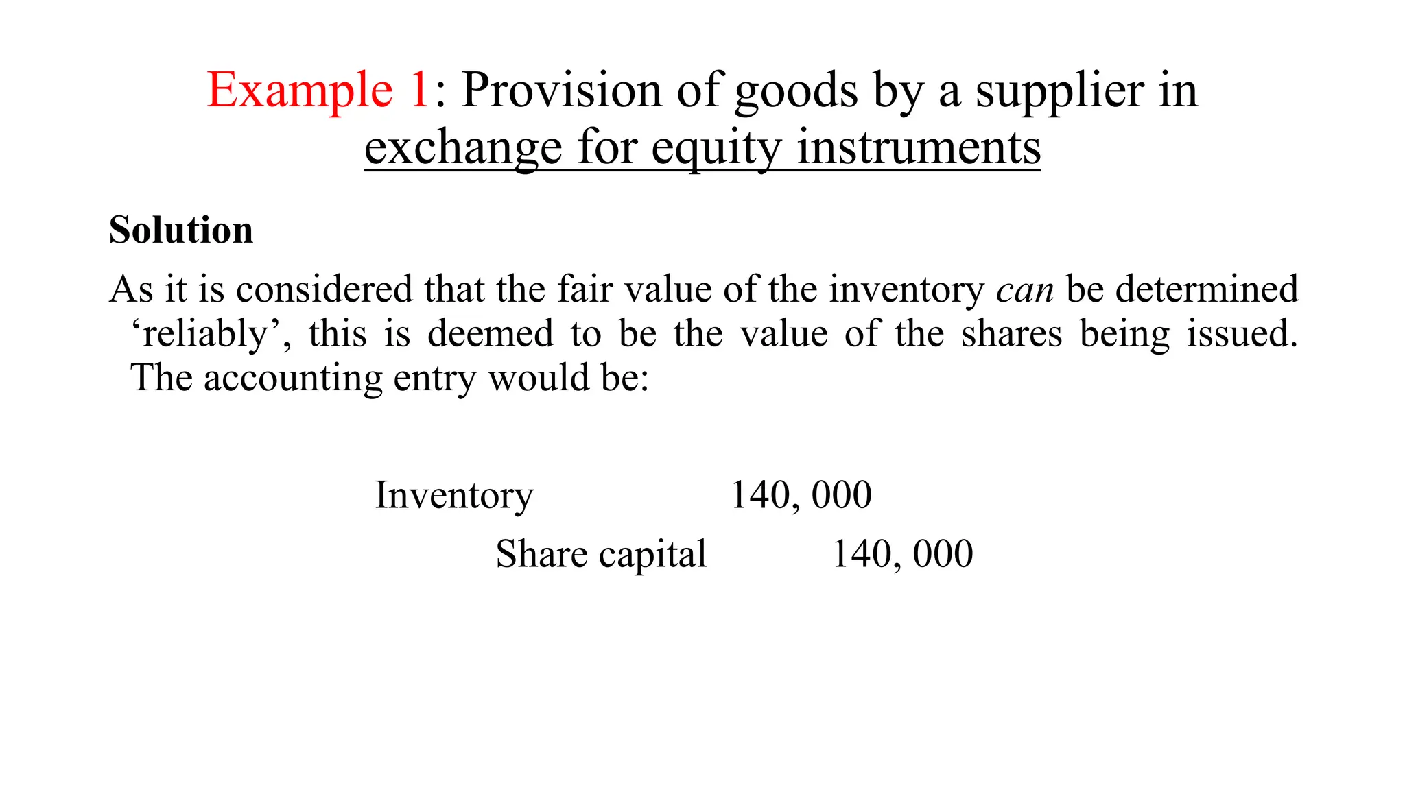 Example 1: Provision of goods by a supplier in
exchange for equity instruments
Solution
As it is considered that the fair value of the inventory can be determined
‘reliably’, this is deemed to be the value of the shares being issued.
The accounting entry would be:
Inventory 140, 000
Share capital 140, 000
 