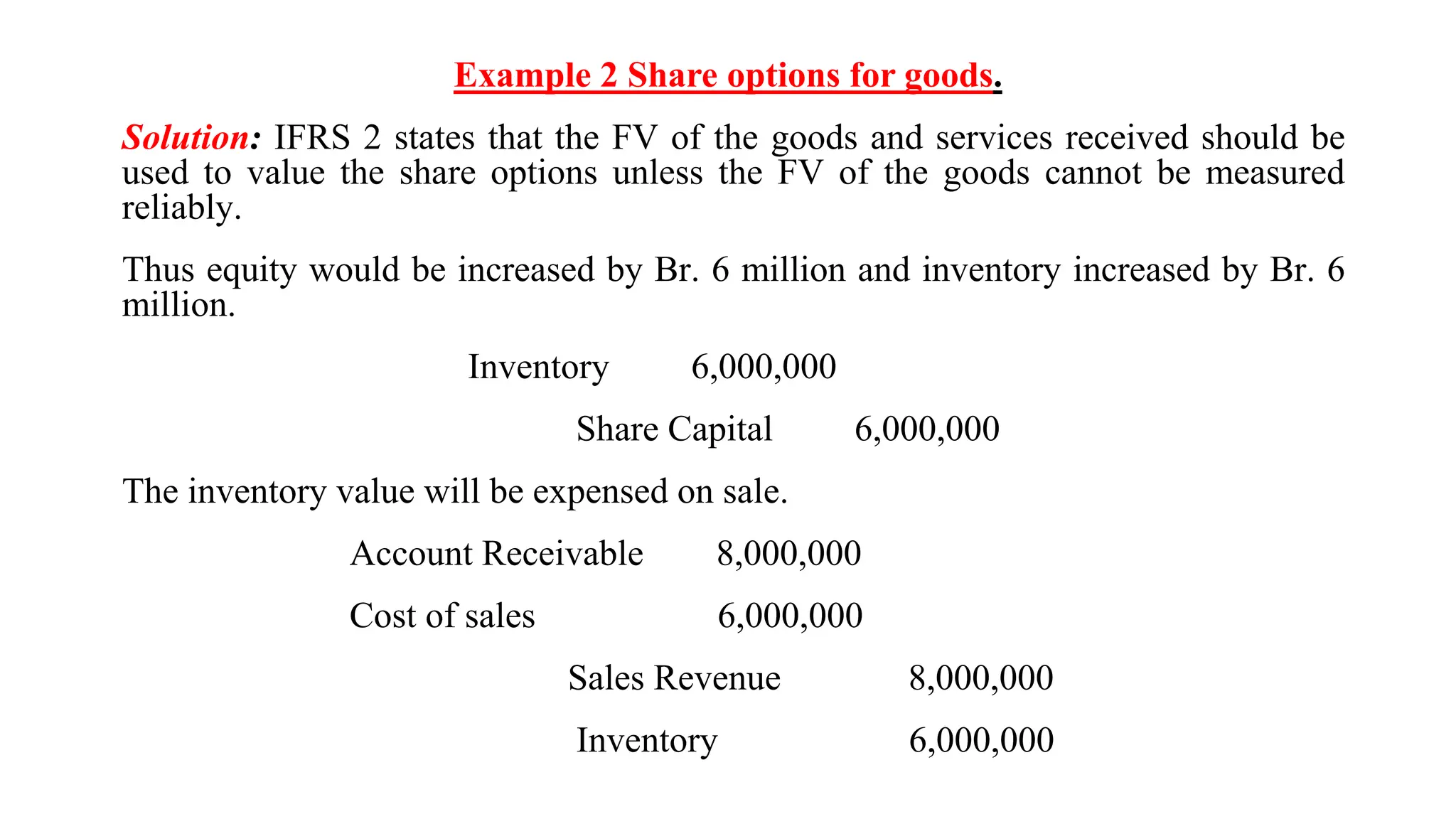 Example 2 Share options for goods.
Solution: IFRS 2 states that the FV of the goods and services received should be
used to value the share options unless the FV of the goods cannot be measured
reliably.
Thus equity would be increased by Br. 6 million and inventory increased by Br. 6
million.
Inventory 6,000,000
Share Capital 6,000,000
The inventory value will be expensed on sale.
Account Receivable 8,000,000
Cost of sales 6,000,000
Sales Revenue 8,000,000
Inventory 6,000,000
 