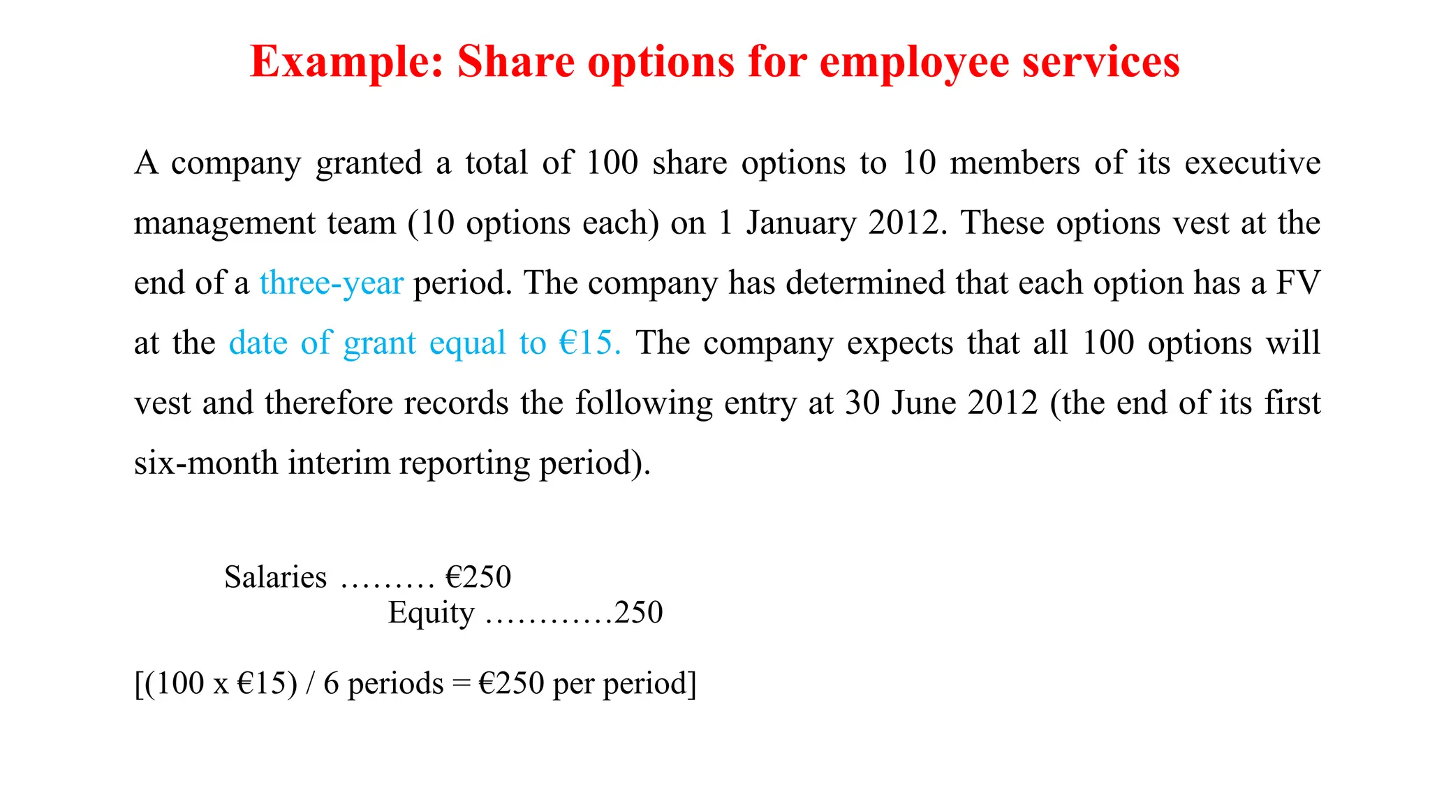 Example: Share options for employee services
A company granted a total of 100 share options to 10 members of its executive
management team (10 options each) on 1 January 2012. These options vest at the
end of a three-year period. The company has determined that each option has a FV
at the date of grant equal to €15. The company expects that all 100 options will
vest and therefore records the following entry at 30 June 2012 (the end of its first
six-month interim reporting period).
Salaries ……… €250
Equity …………250
[(100 x €15) / 6 periods = €250 per period]
 