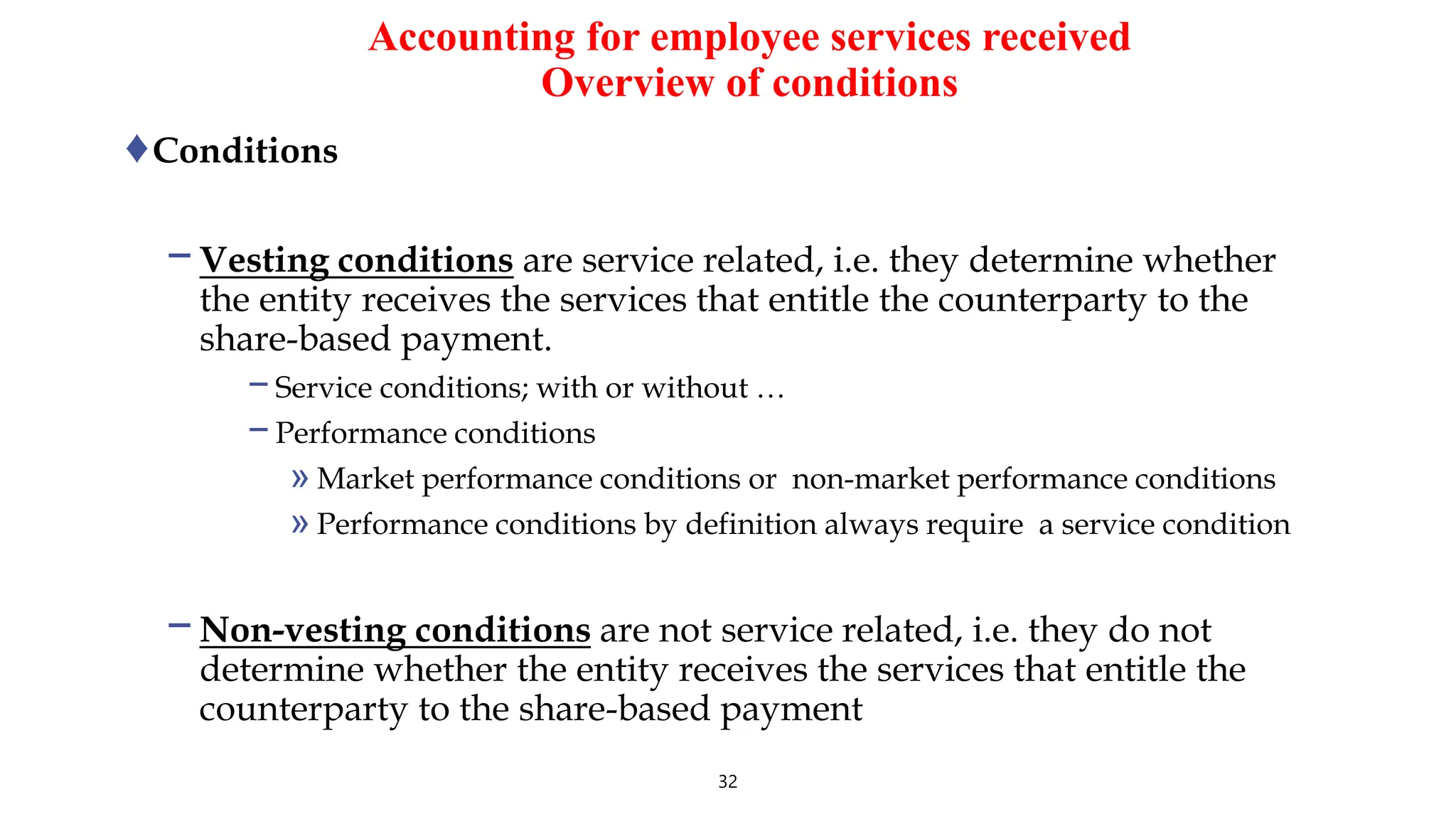Accounting for employee services received
Overview of conditions
32
♦Conditions
−Vesting conditions are service related, i.e. they determine whether
the entity receives the services that entitle the counterparty to the
share-based payment.
− Service conditions; with or without …
− Performance conditions
» Market performance conditions or non-market performance conditions
» Performance conditions by definition always require a service condition
−Non-vesting conditions are not service related, i.e. they do not
determine whether the entity receives the services that entitle the
counterparty to the share-based payment
 