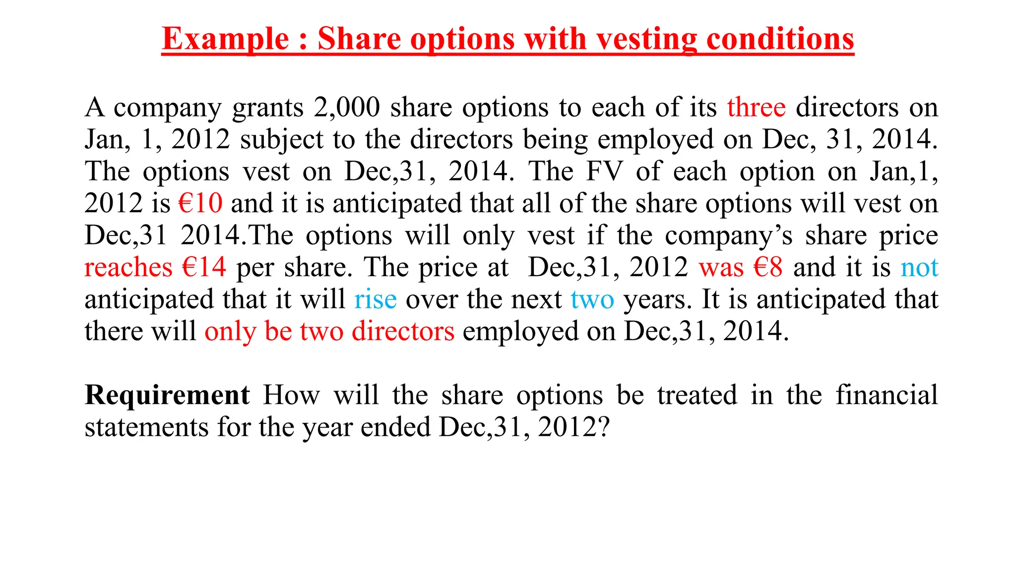 Example : Share options with vesting conditions
A company grants 2,000 share options to each of its three directors on
Jan, 1, 2012 subject to the directors being employed on Dec, 31, 2014.
The options vest on Dec,31, 2014. The FV of each option on Jan,1,
2012 is €10 and it is anticipated that all of the share options will vest on
Dec,31 2014.The options will only vest if the company’s share price
reaches €14 per share. The price at Dec,31, 2012 was €8 and it is not
anticipated that it will rise over the next two years. It is anticipated that
there will only be two directors employed on Dec,31, 2014.
Requirement How will the share options be treated in the financial
statements for the year ended Dec,31, 2012?
 