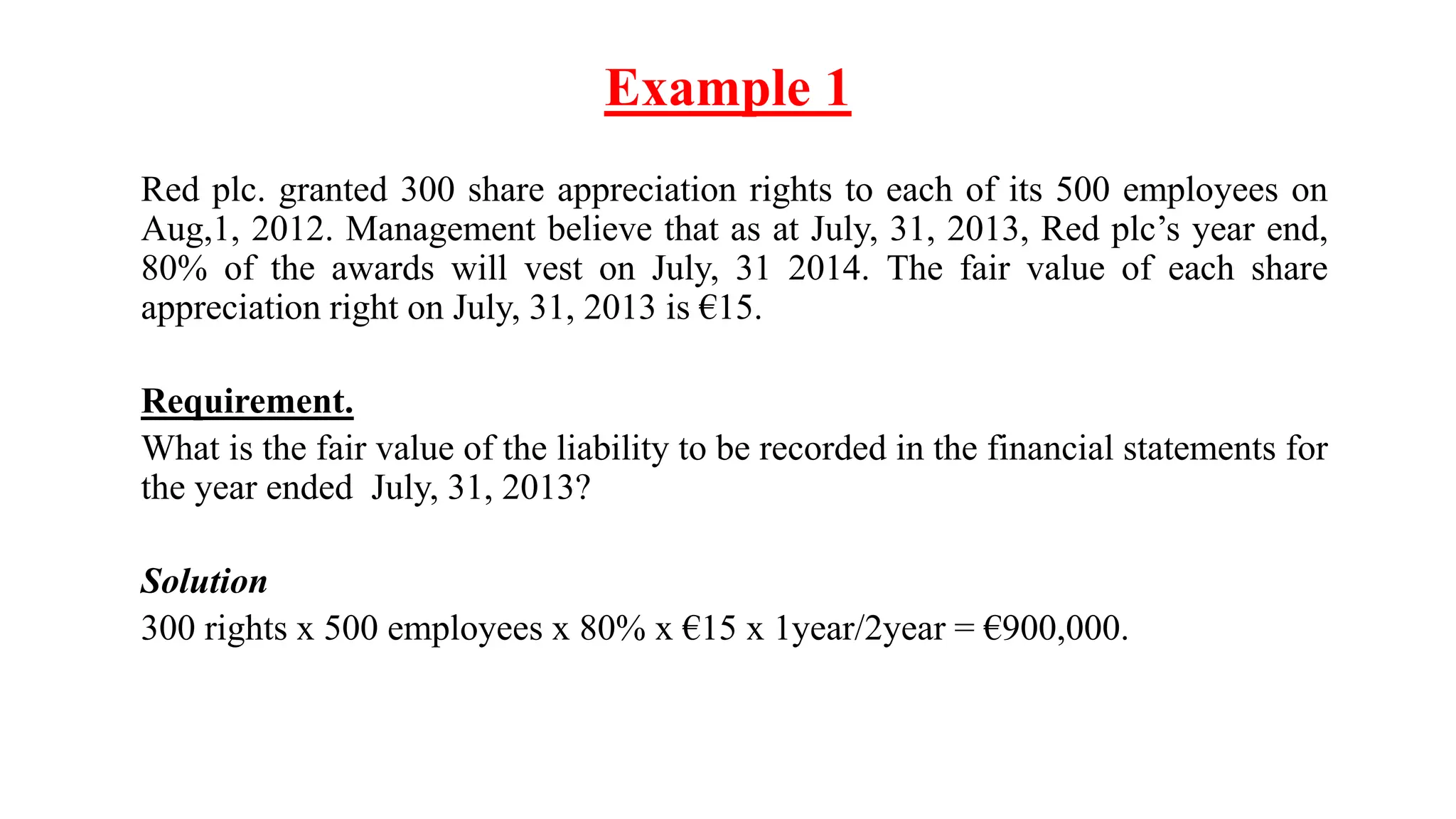 Example 1
Red plc. granted 300 share appreciation rights to each of its 500 employees on
Aug,1, 2012. Management believe that as at July, 31, 2013, Red plc’s year end,
80% of the awards will vest on July, 31 2014. The fair value of each share
appreciation right on July, 31, 2013 is €15.
Requirement.
What is the fair value of the liability to be recorded in the financial statements for
the year ended July, 31, 2013?
Solution
300 rights x 500 employees x 80% x €15 x 1year/2year = €900,000.
 