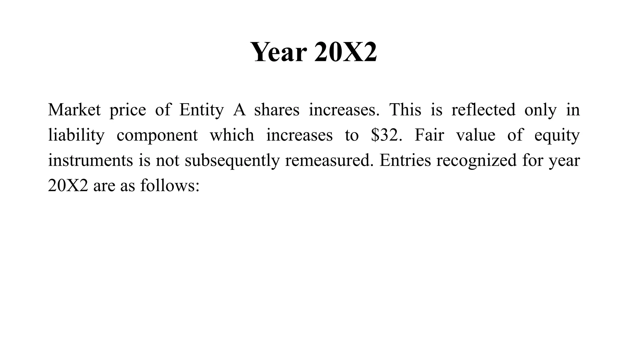 Year 20X2
Market price of Entity A shares increases. This is reflected only in
liability component which increases to $32. Fair value of equity
instruments is not subsequently remeasured. Entries recognized for year
20X2 are as follows:
 