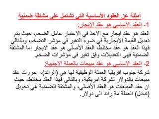 ‫مشتقة‬ ‫على‬ ‫تشتمل‬ ‫التي‬ ‫األساسية‬ ‫العقود‬ ‫عن‬ ‫أمثلة‬‫ضمني‬‫ة‬
1-ً‫العقد‬‫األساسيًهوًعقدًاإليجار‬:
ً‫العقد‬‫هوًعقدًايجارًمعًاالخذًفيًاالعتبارًعاملًالضخم،ًحيثًي‬ً‫تم‬
‫تعديلًالقيمةًااليجاريةًفيًضوءًالتغيرًفيًمؤشرًالتض‬ً‫خم،ًوبالتالي‬
‫فهذاًالعقدًهوًعقدًمختلط،ًالعقدًاألصليًهوًعقدًااليجارًاماًال‬ً‫مشتقة‬
‫الضمنيةًفهيًالتعديالتًوفقًتغيرًفيًمؤشراتًالضخم‬.
2-ً‫العقد‬‫االساسيًهوًعقدًمبيعاتًبالعملةًاالجنبية‬:
ً‫شركةًجنوبًافريقياًالعملةًالوظيفيةًلهاًهي‬(‫الراند‬)‫،ًًحررت‬ً‫عقد‬
‫مبيعاتًبالدوالرًلشركةًامريكية،ًوبالتاليًفهذاًالعقدًمخت‬ً‫لط،ًحيث‬
‫انًعقدًالمبيعاتًهوًالعقدًاألصلي،ًوالمشتقةًالضمنيةًهيًت‬ً‫حويل‬
(‫تبادل‬)‫العملةًمةًراندًالىًدوالر‬.
 