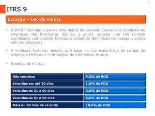 14
IFRS 9
Exceção – Uso da matriz
• O IFRS 9 permite o uso de uma matriz de provisão apenas nos recebíveis de
empresas não financeiras (bancos e afins), aqueles que não tenham
significante componente financeiro embutido (Empréstimos, leases e outros
não são elegíveis).
• A entidade fará seu modelo com base na sua experiência de perdas de
créditos e técnicas e informações de estimativas futuras.
• Exemplo de matriz:
Não vencidos 0,3% de PDD
Vencidos em até 30 dias 1,6% de PDD
Vencidos de 31 a 60 dias 3,6% de PDD
Vencidos de 61 a 90 dias 6,6% de PDD
Mais de 90 dias de vencido 10,6% de PDD
 