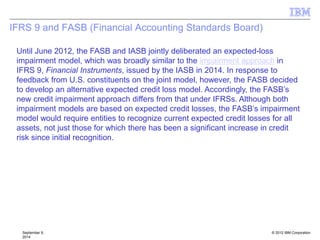 © 2012 IBM Corporation
IFRS 9 and FASB (Financial Accounting Standards Board)
September 9,
2014
Until June 2012, the FASB and IASB jointly deliberated an expected-loss
impairment model, which was broadly similar to the impairment approach in
IFRS 9, Financial Instruments, issued by the IASB in 2014. In response to
feedback from U.S. constituents on the joint model, however, the FASB decided
to develop an alternative expected credit loss model. Accordingly, the FASB’s
new credit impairment approach differs from that under IFRSs. Although both
impairment models are based on expected credit losses, the FASB’s impairment
model would require entities to recognize current expected credit losses for all
assets, not just those for which there has been a significant increase in credit
risk since initial recognition.
 