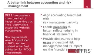 A better link between accounting and risk
management
• Align accounting treatment
with
risk management activity
• Enable preparers to
better reflect hedging in
financial statements
• Provide disclosures to help
users understand risk
management and its impact
on the financial statements
15
IFRS 9 incorporates a
major overhaul of
hedge accounting that
more closely aligns
accounting with risk
management.
New requirements
were first published
in 2013, and are
updated in the final
publication for FVOCI
measurement
 