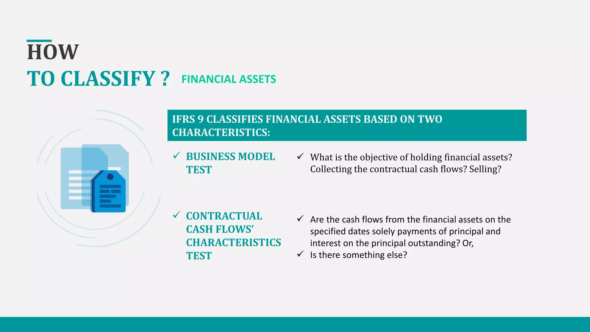HOW
TO CLASSIFY ? FINANCIAL ASSETS
IFRS 9 CLASSIFIES FINANCIAL ASSETS BASED ON TWO
CHARACTERISTICS:
 What is the objective of holding financial assets?
Collecting the contractual cash flows? Selling?
 Are the cash flows from the financial assets on the
specified dates solely payments of principal and
interest on the principal outstanding? Or,
 Is there something else?
 BUSINESS MODEL
TEST
 CONTRACTUAL
CASH FLOWS’
CHARACTERISTICS
TEST
 
